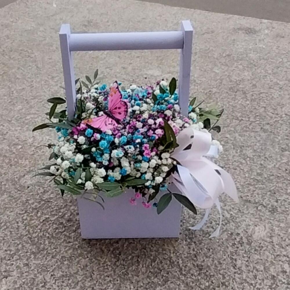 Радужная гипсофила в деревянном ящичке Радужная гипсофила в деревянном ящичке